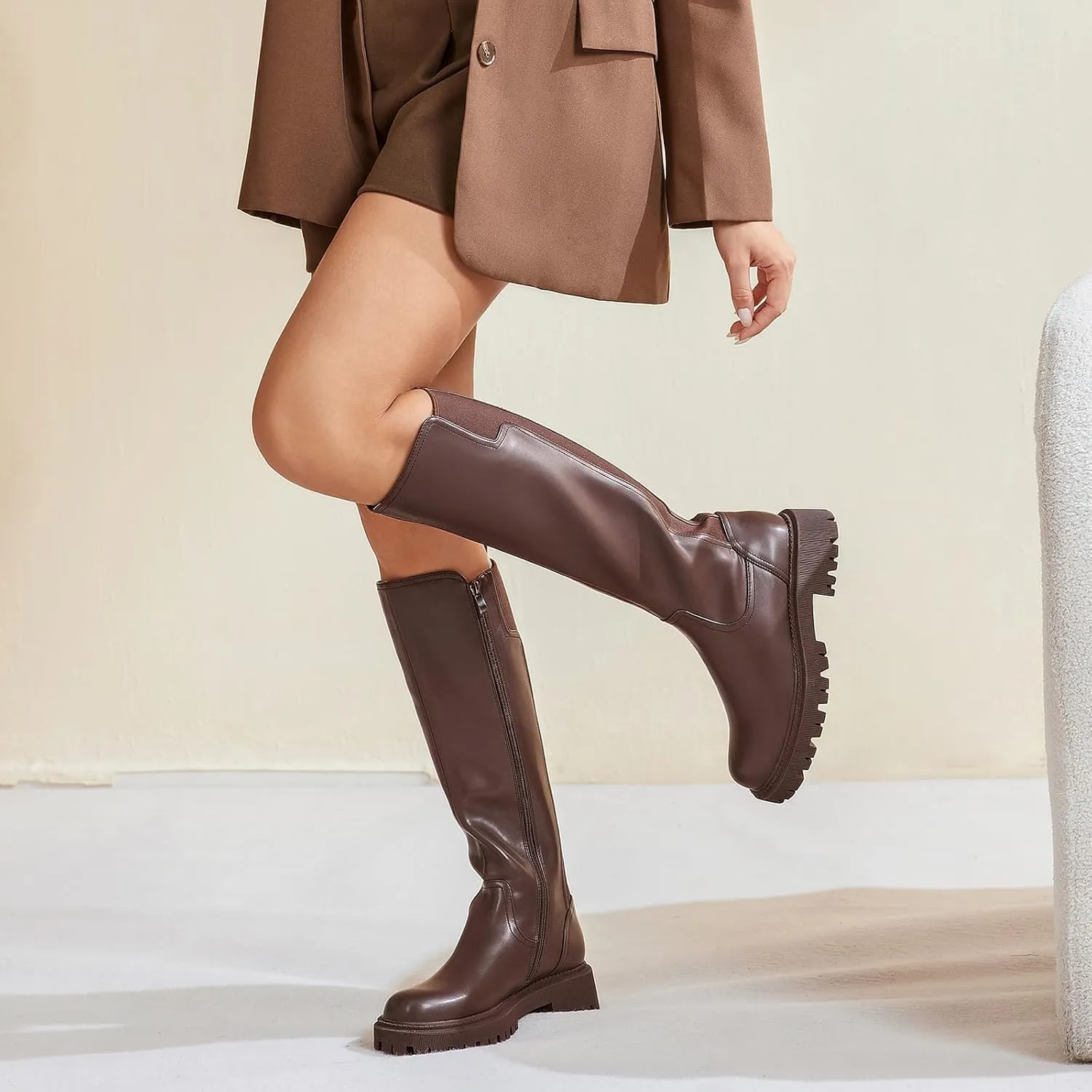Women's Knee High Boots Fashion Platform Lug Sole Tall Riding Boots Comfortable Stretch Calf Dress Long Boots