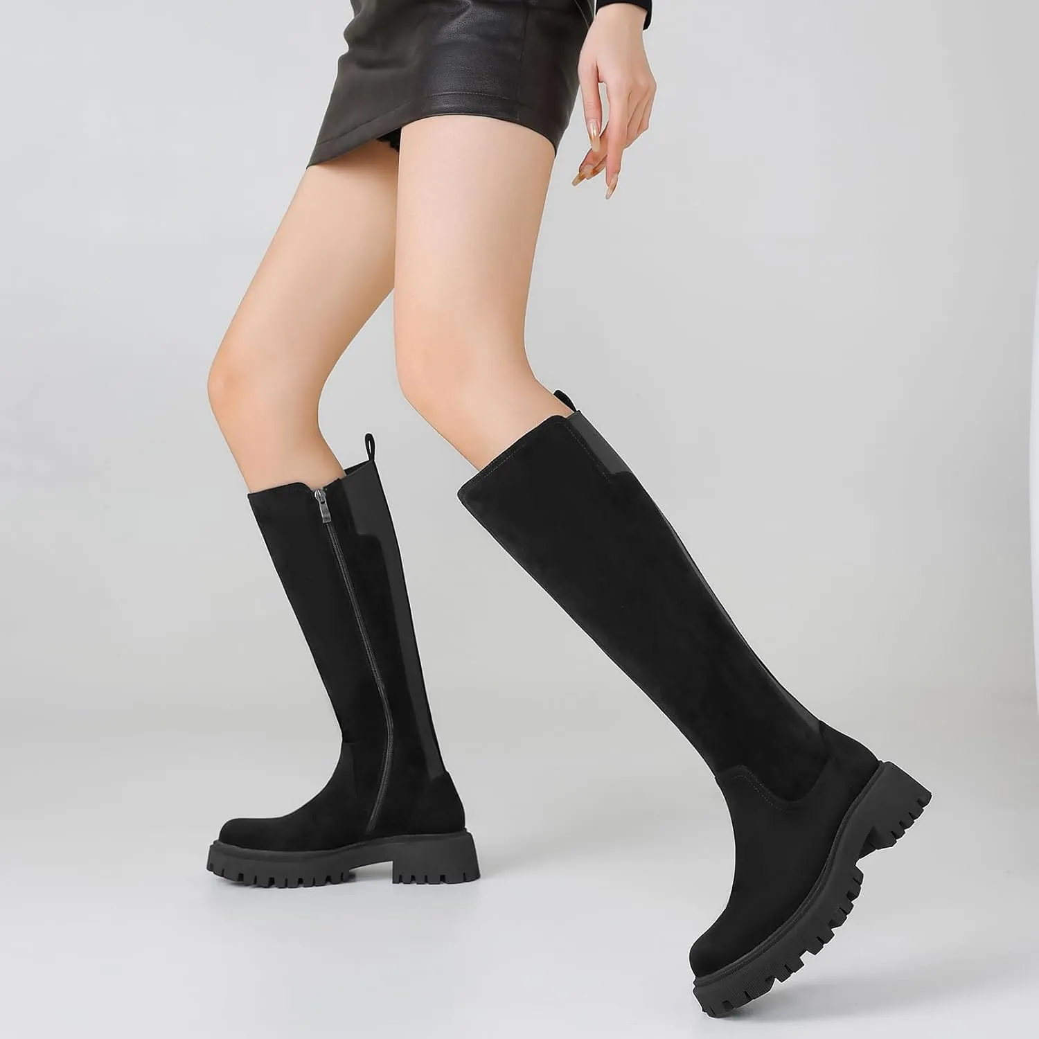 Women's Knee High Boots Fashion Platform Lug Sole Tall Riding Boots Comfortable Stretch Calf Dress Long Boots