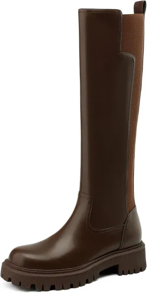 Women's Knee High Boots Fashion Platform Lug Sole Tall Riding Boots Comfortable Stretch Calf Dress Long Boots