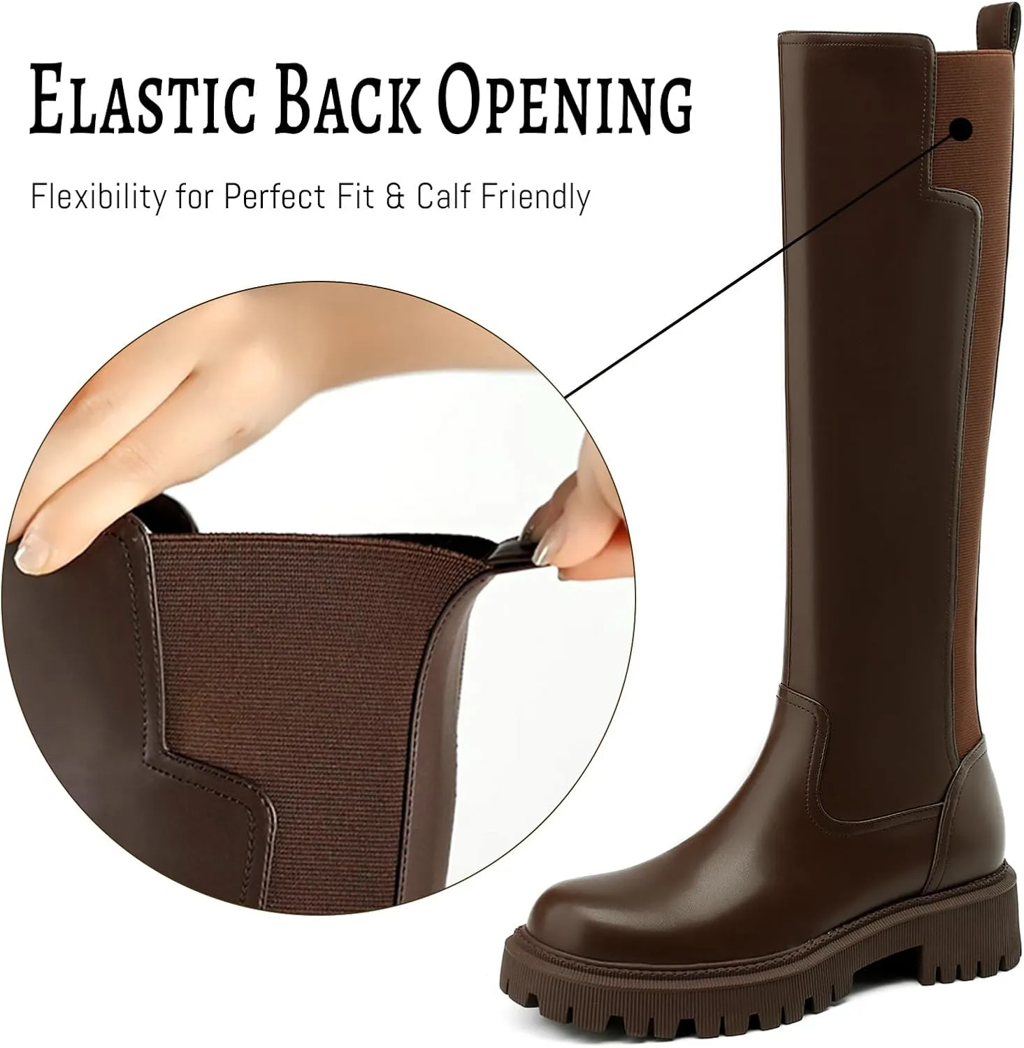 Women's Knee High Boots Fashion Platform Lug Sole Tall Riding Boots Comfortable Stretch Calf Dress Long Boots