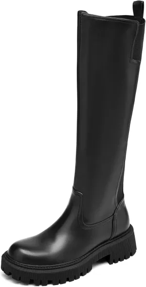 Women's Knee High Boots Fashion Platform Lug Sole Tall Riding Boots Comfortable Stretch Calf Dress Long Boots