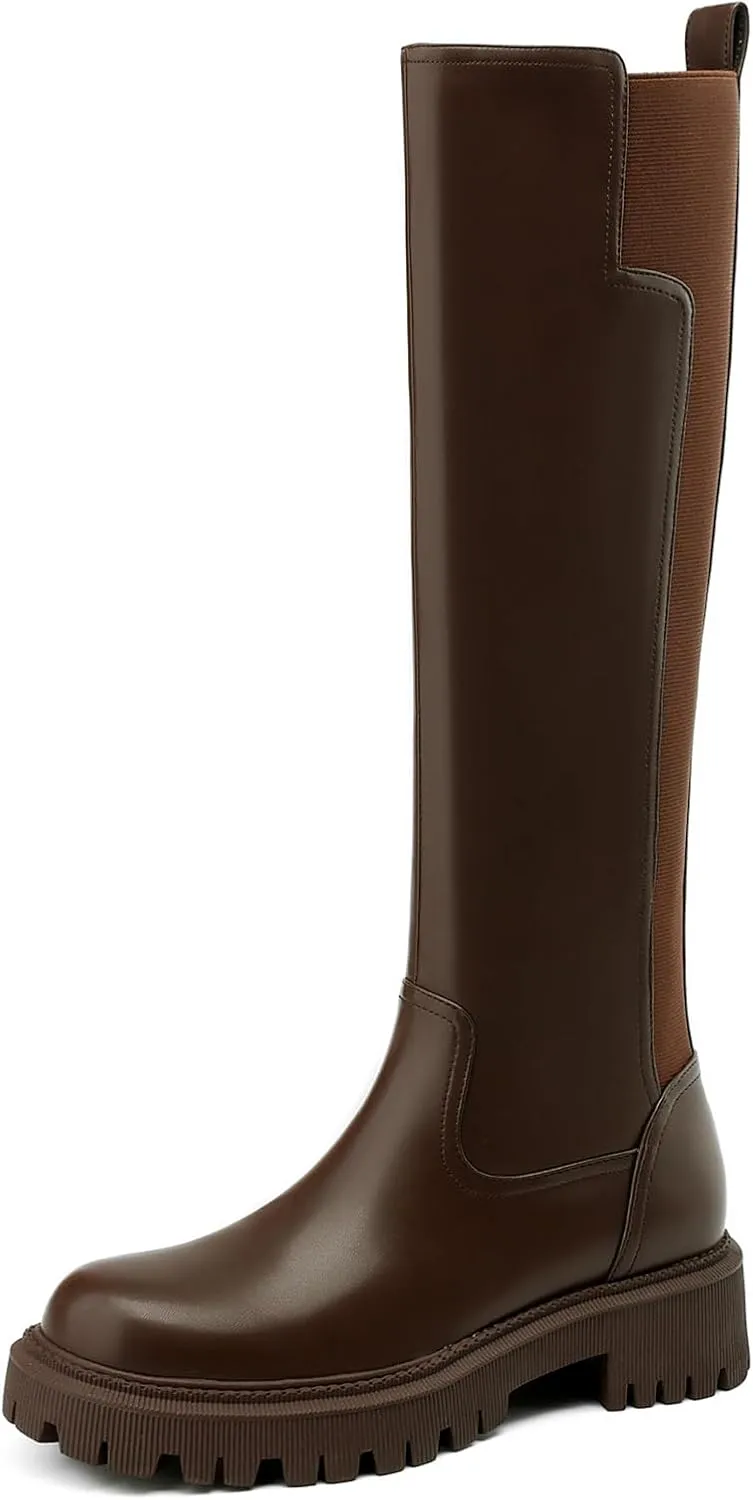 Women's Knee High Boots Fashion Platform Lug Sole Tall Riding Boots Comfortable Stretch Calf Dress Long Boots