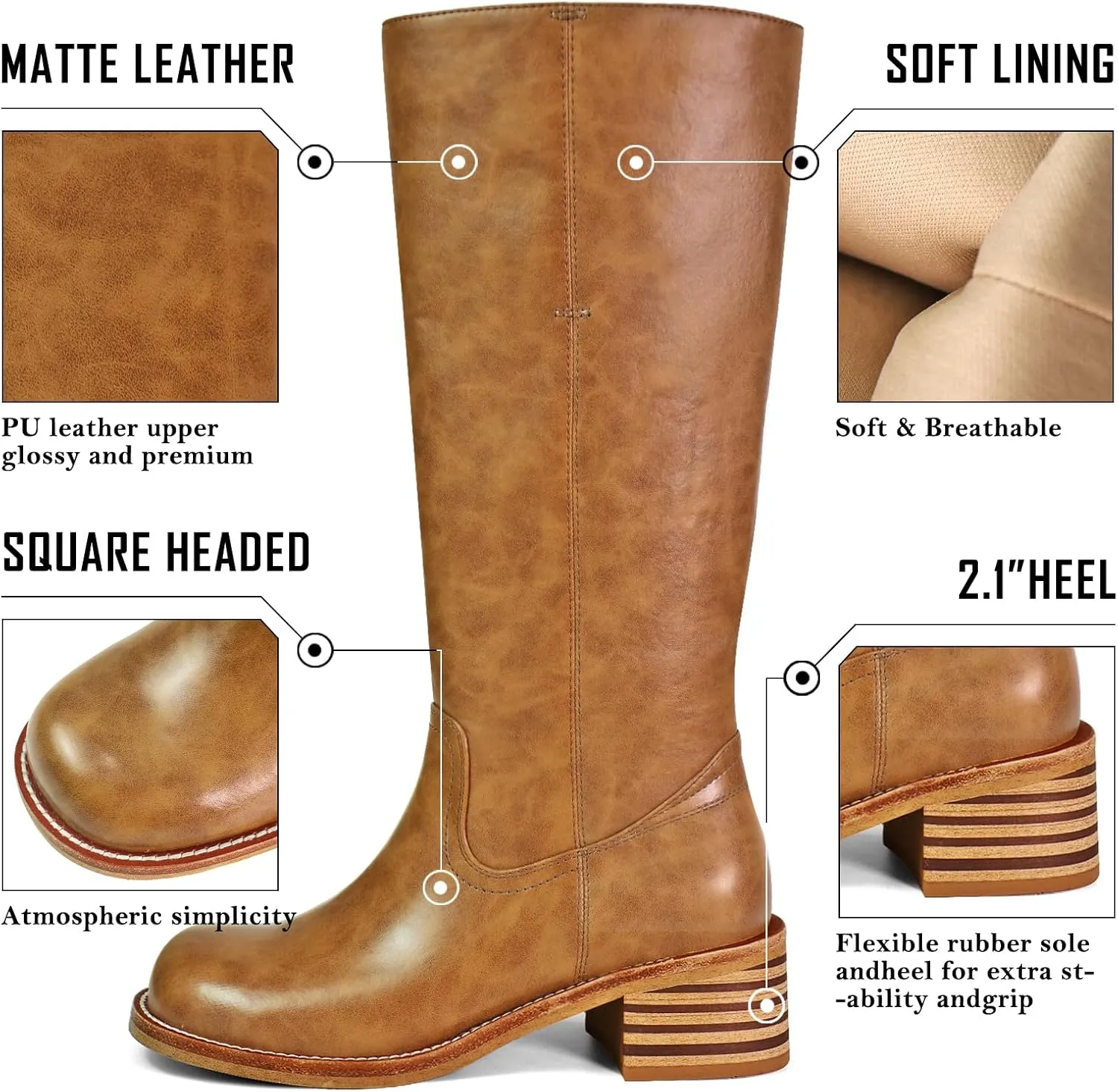 Women's Knee High Boots Square Toe Chunky Block Heel Long Boots for Women Comfortable Low Heel Womens Boots