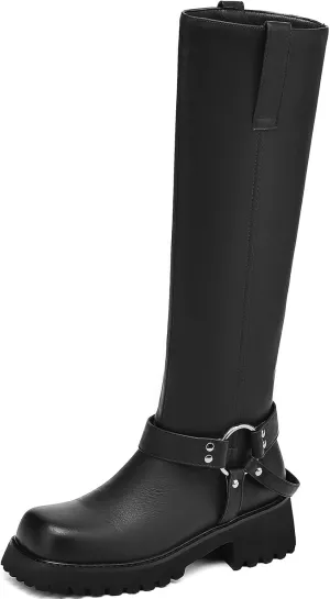Women's Knee High Boots Square Toe Low Chunky Motorcycle Boots Fashion Buckles Biker Riding Boots ﻿