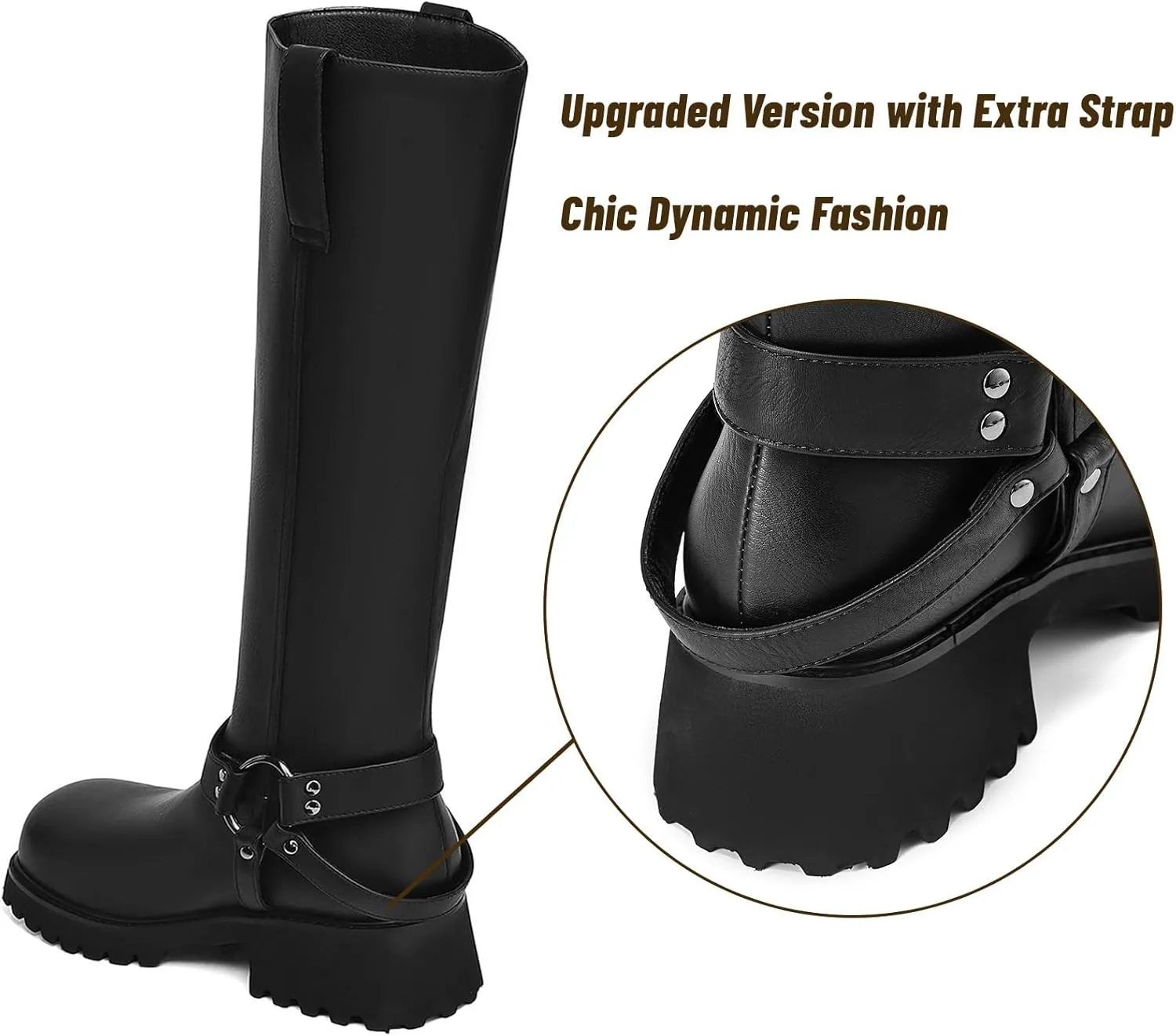 Women's Knee High Boots Square Toe Low Chunky Motorcycle Boots Fashion Buckles Biker Riding Boots ﻿