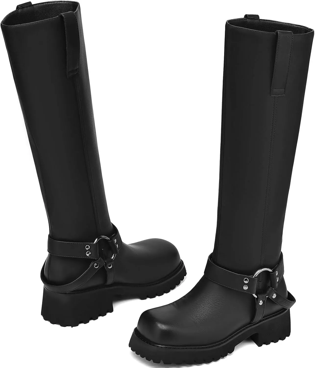 Women's Knee High Boots Square Toe Low Chunky Motorcycle Boots Fashion Buckles Biker Riding Boots ﻿