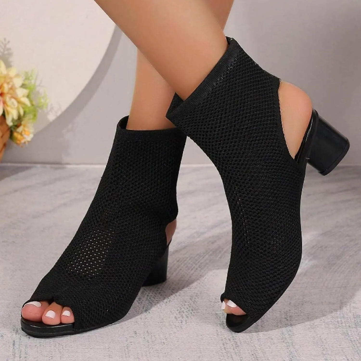 Women's Knit Toe Chunky Heel Ankle Boots Open Pointed Toe Slingback Heeled Sandals Summer Comfort Insoles Heels