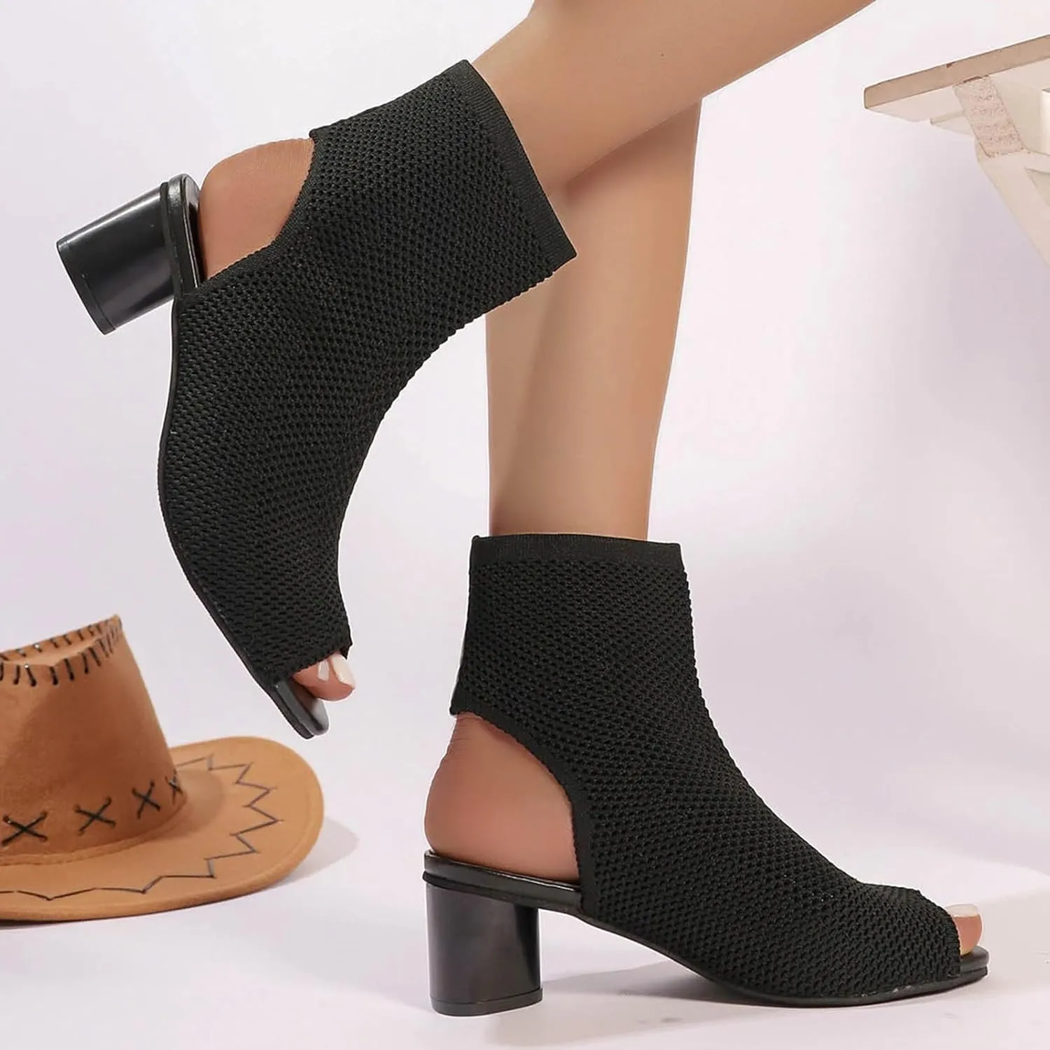 Women's Knit Toe Chunky Heel Ankle Boots Open Pointed Toe Slingback Heeled Sandals Summer Comfort Insoles Heels