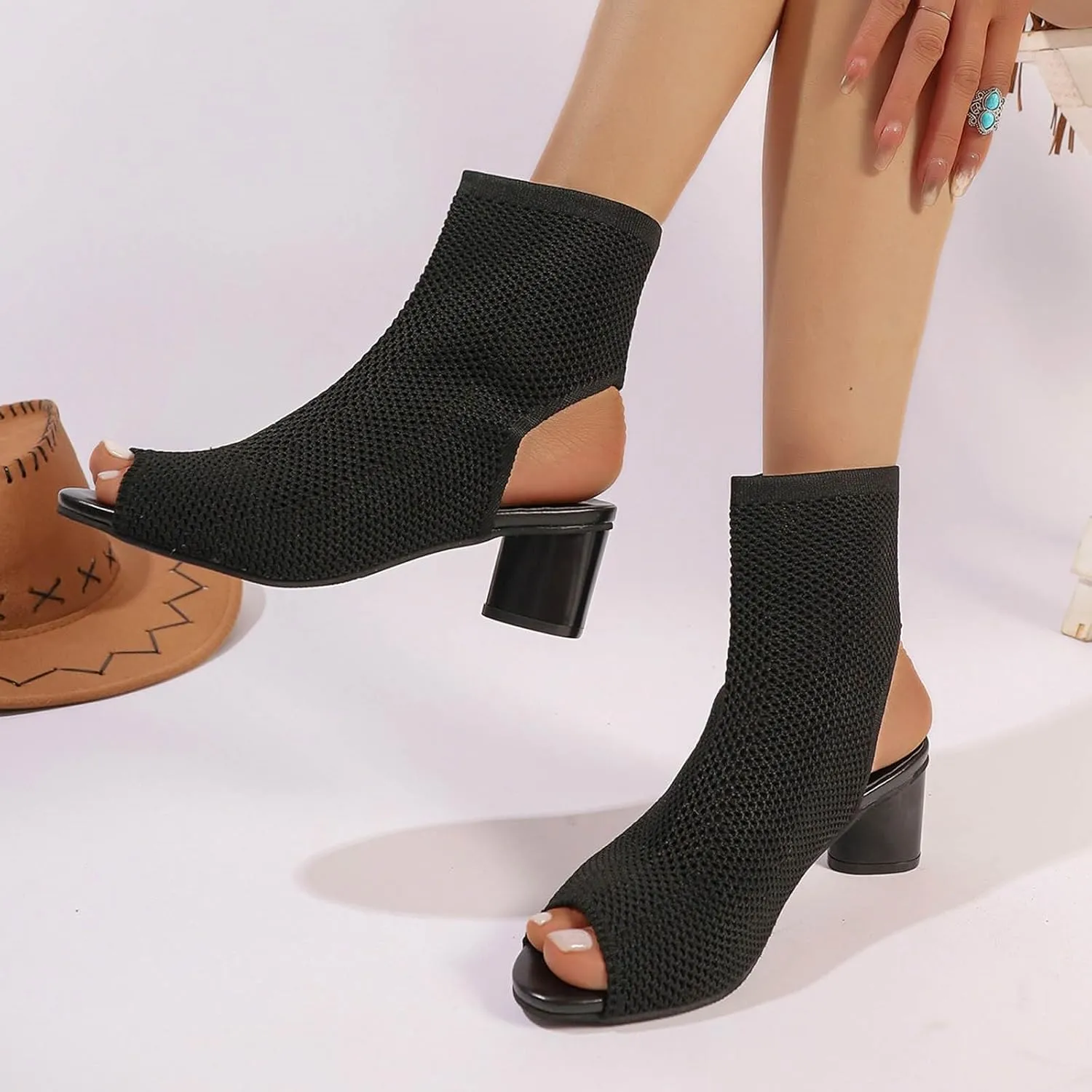 Women's Knit Toe Chunky Heel Ankle Boots Open Pointed Toe Slingback Heeled Sandals Summer Comfort Insoles Heels