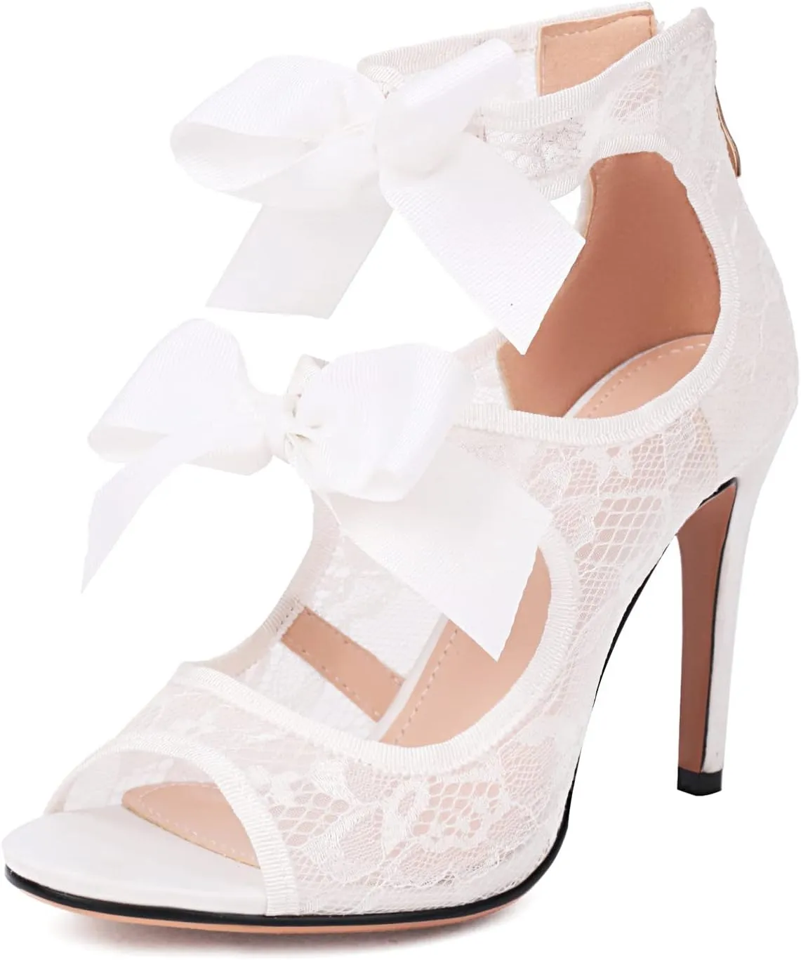 Women's Lace Heels with Bow Adjustable Strappy Peep Toe Party Wedding Sandals with Back Zip