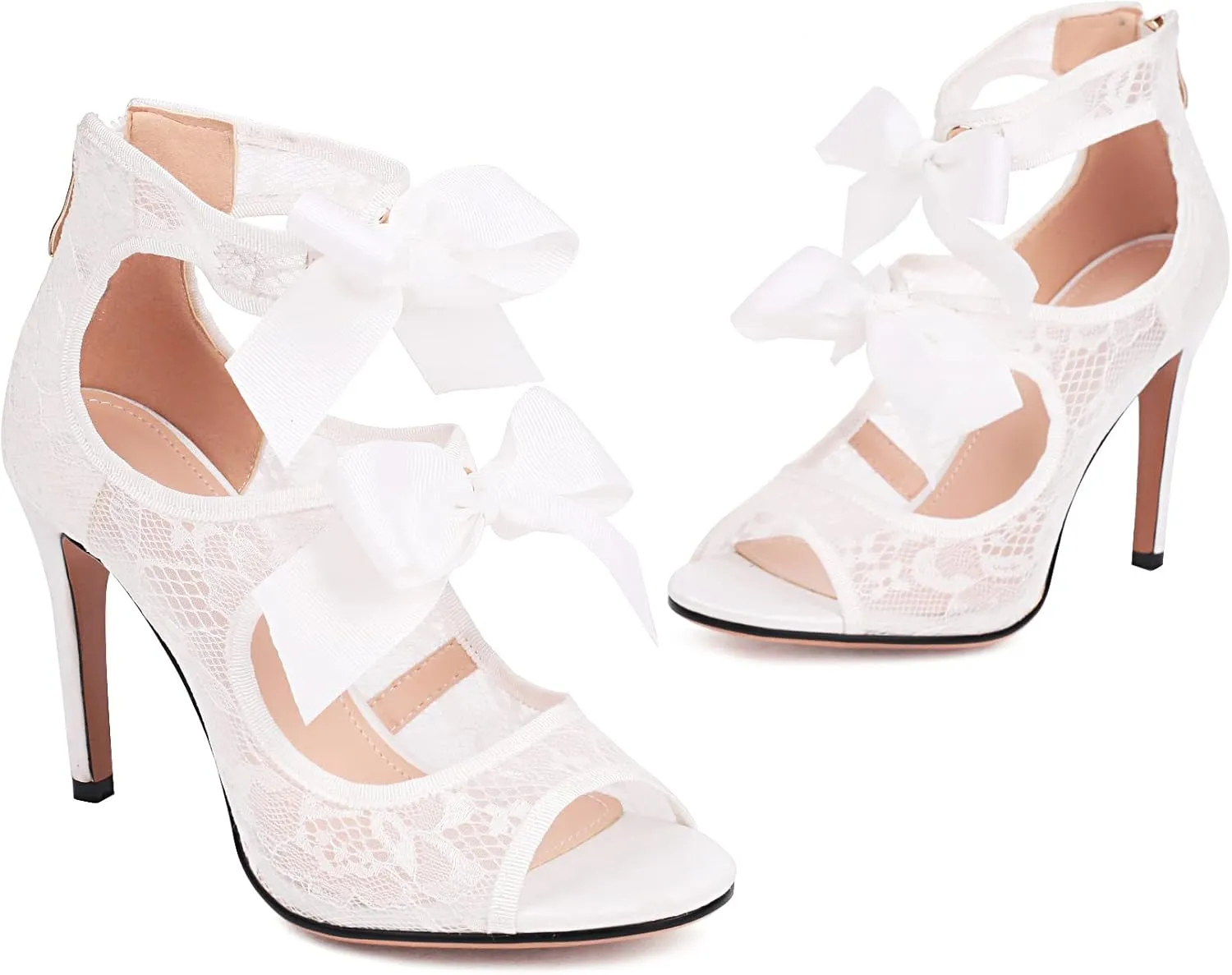 Women's Lace Heels with Bow Adjustable Strappy Peep Toe Party Wedding Sandals with Back Zip