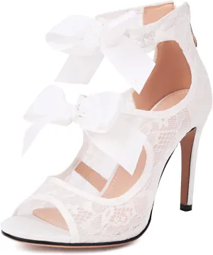 Women's Lace Heels with Bow Adjustable Strappy Peep Toe Party Wedding Sandals with Back Zip