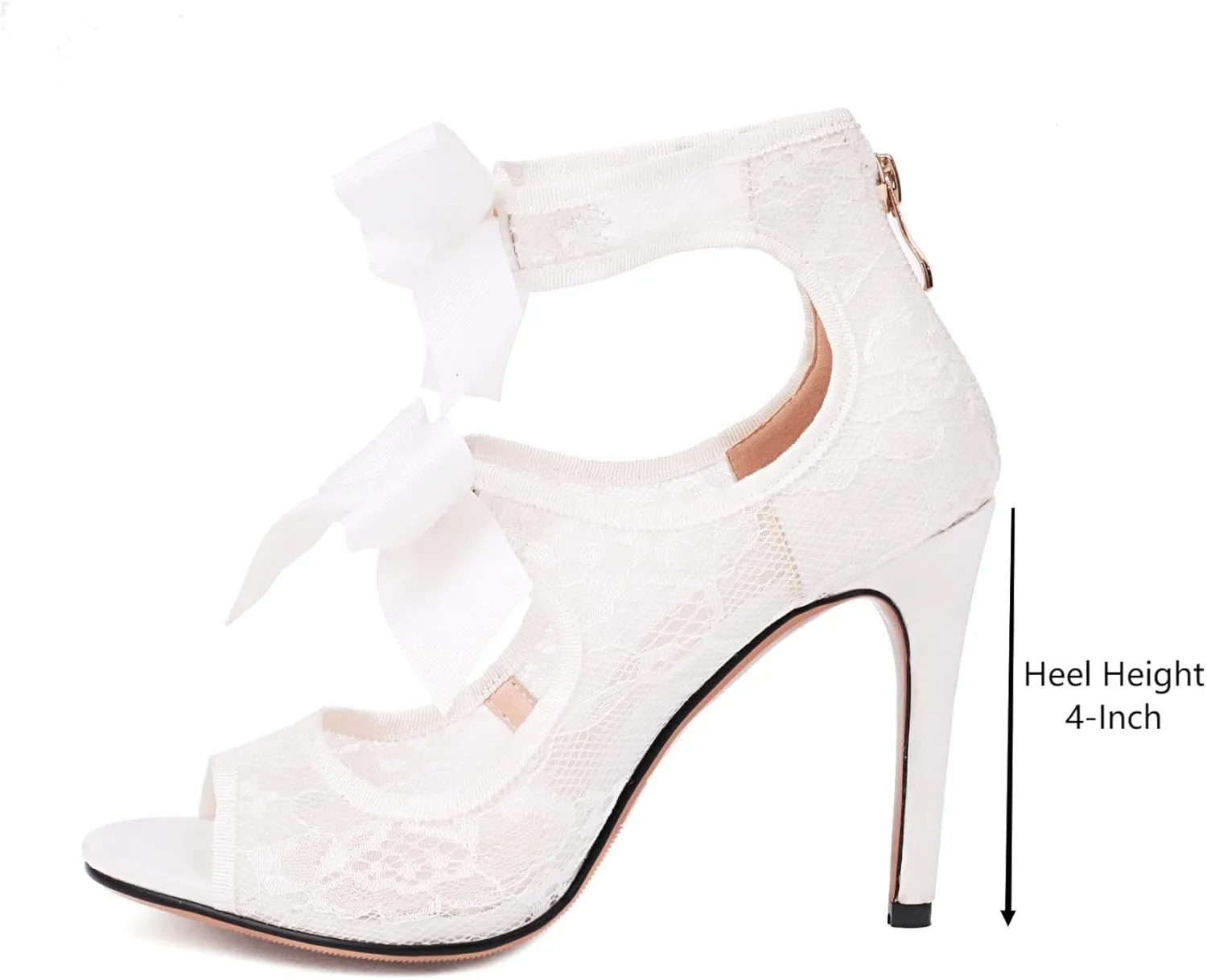 Women's Lace Heels with Bow Adjustable Strappy Peep Toe Party Wedding Sandals with Back Zip
