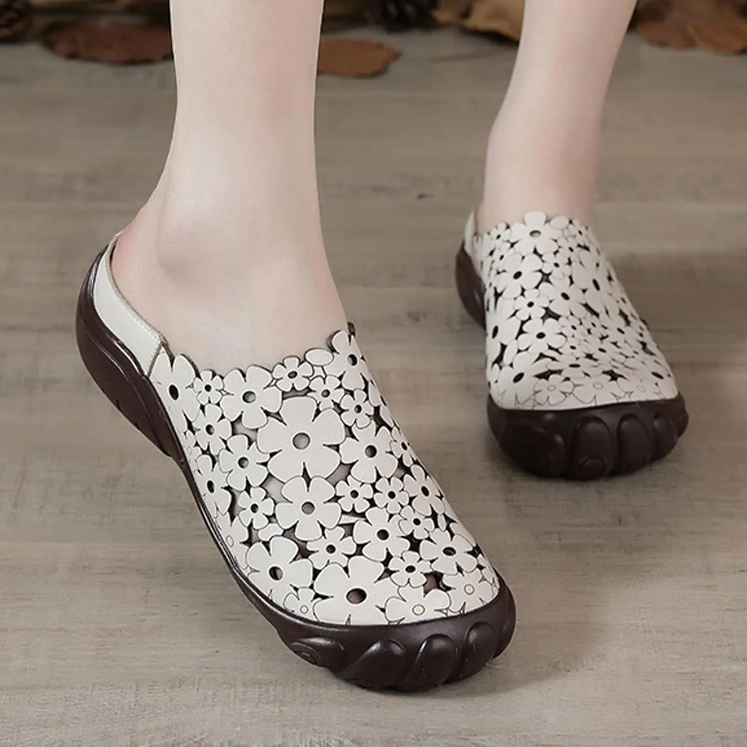 Women's Leather Cutout Wedge Mules,Vintage Orthotic Comfy Closed Toe Backless Slide Walking Clogs Ox Softsole Slippers