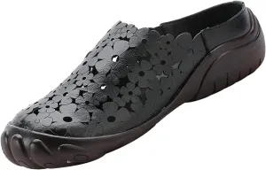 Women's Leather Cutout Wedge Mules,Vintage Orthotic Comfy Closed Toe Backless Slide Walking Clogs Ox Softsole Slippers