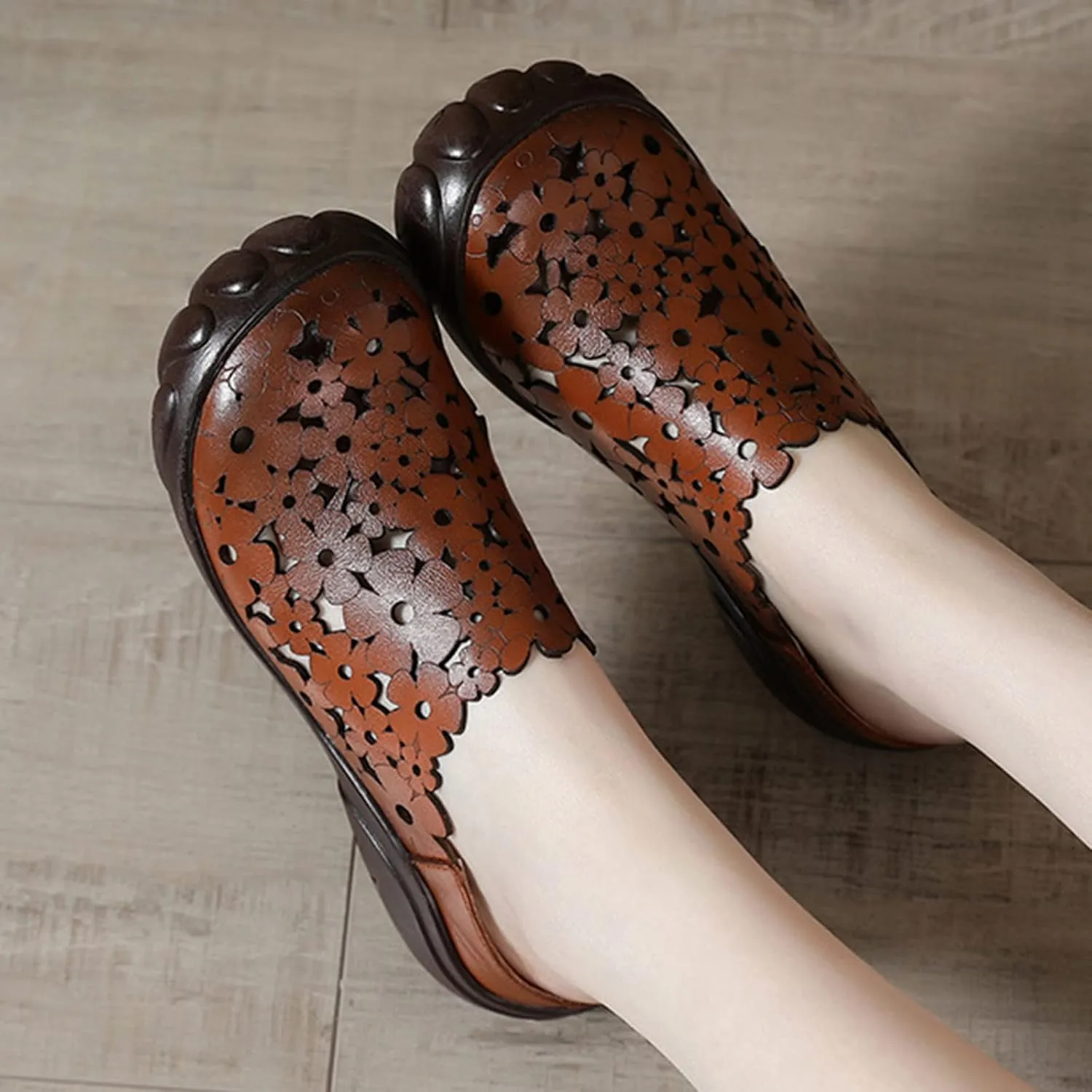 Women's Leather Cutout Wedge Mules,Vintage Orthotic Comfy Closed Toe Backless Slide Walking Clogs Ox Softsole Slippers