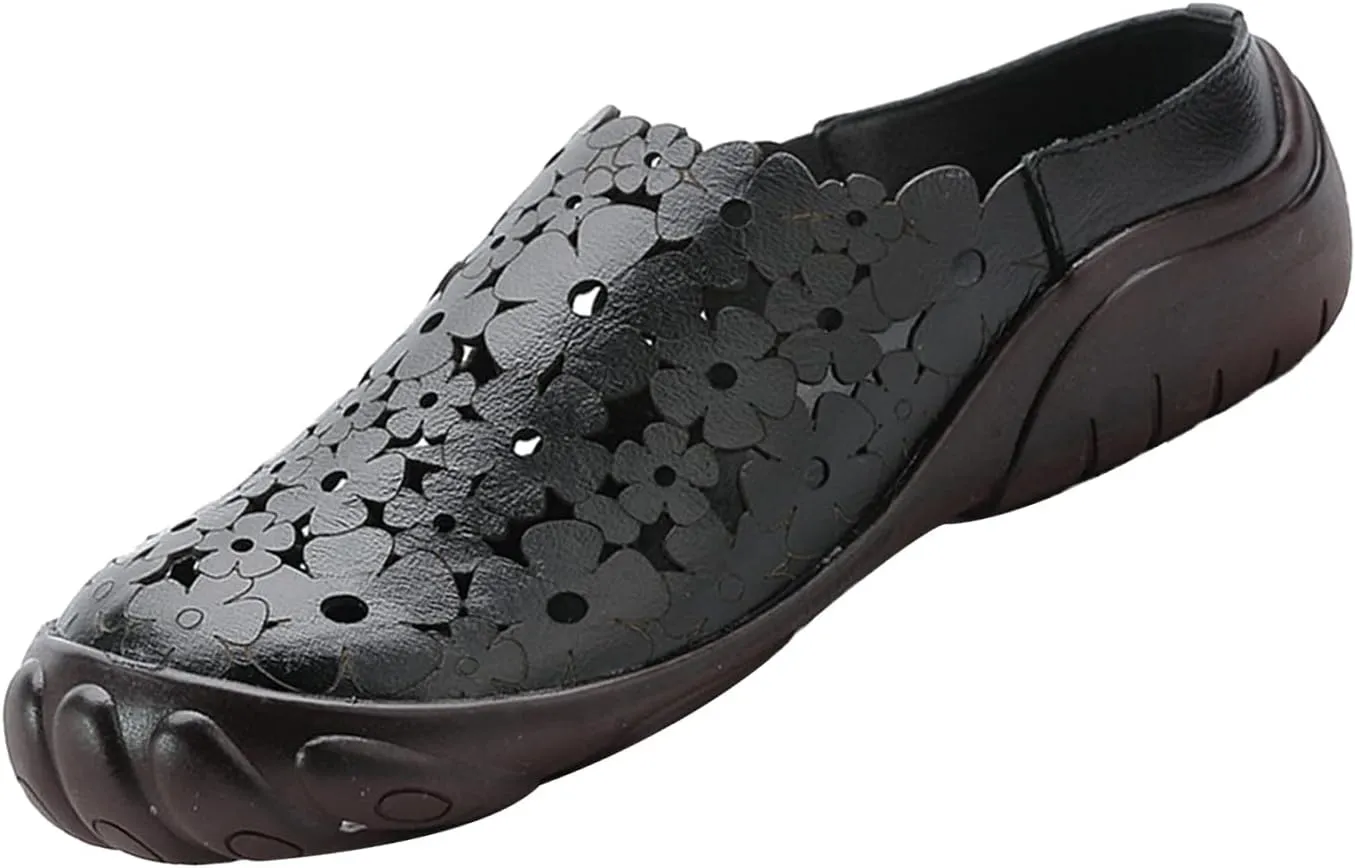 Women's Leather Cutout Wedge Mules,Vintage Orthotic Comfy Closed Toe Backless Slide Walking Clogs Ox Softsole Slippers