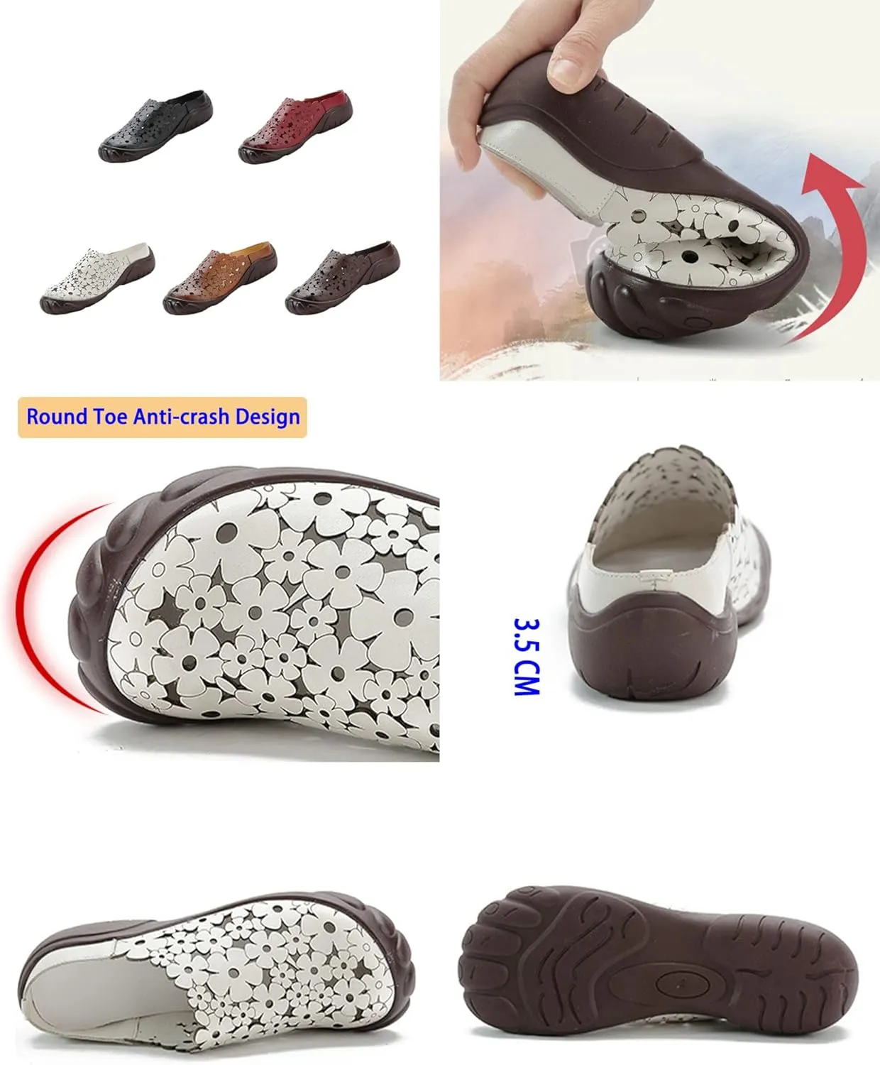 Women's Leather Cutout Wedge Mules,Vintage Orthotic Comfy Closed Toe Backless Slide Walking Clogs Ox Softsole Slippers