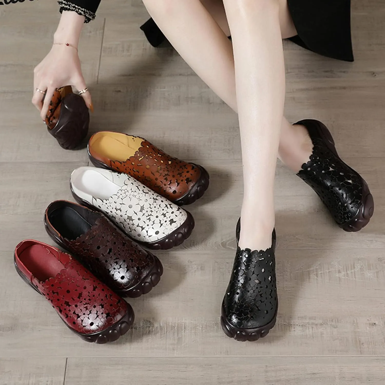 Women's Leather Cutout Wedge Mules,Vintage Orthotic Comfy Closed Toe Backless Slide Walking Clogs Ox Softsole Slippers