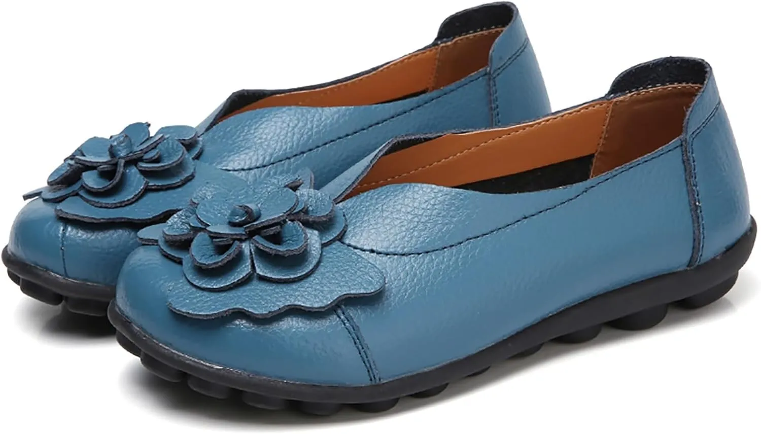Women's Leather Flowers Loafers Lightweight Comfortable Round Toe Soft Bottom Walking Shoes Summer Casual Slip On Moccasins Driving Flats Outdoor Work Shoes
