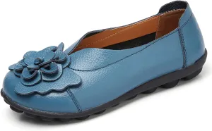 Women's Leather Flowers Loafers Lightweight Comfortable Round Toe Soft Bottom Walking Shoes Summer Casual Slip On Moccasins Driving Flats Outdoor Work Shoes