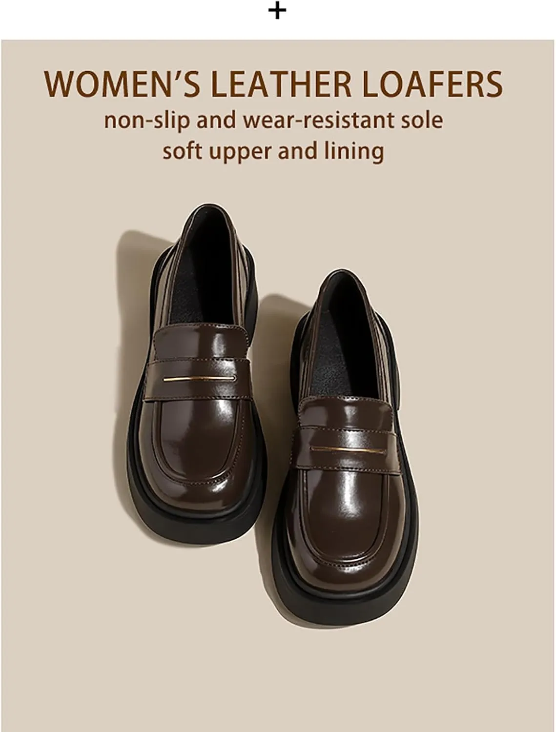 Women's Leather Platform Loafers - Chunky Heel Slip-On Shoes for Business & Casual, Round Toe Comfortable Work Dress Shoes with Cushioned Sole