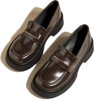 Women's Leather Platform Loafers - Chunky Heel Slip-On Shoes for Business & Casual, Round Toe Comfortable Work Dress Shoes with Cushioned Sole