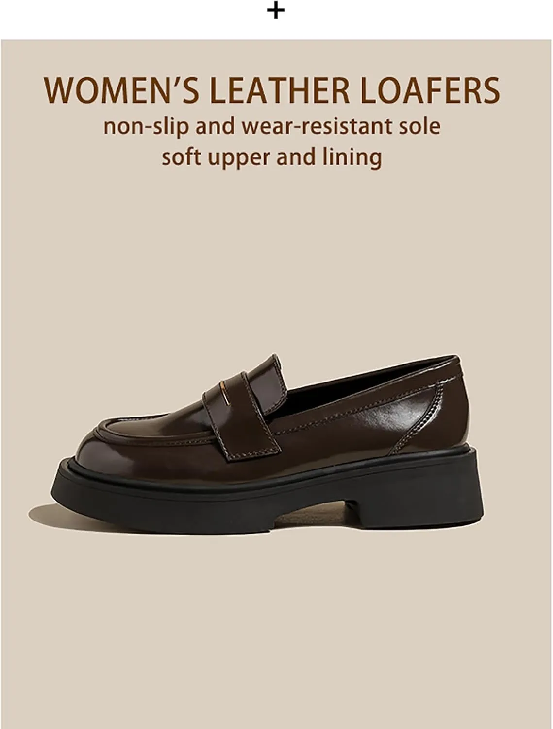 Women's Leather Platform Loafers - Chunky Heel Slip-On Shoes for Business & Casual, Round Toe Comfortable Work Dress Shoes with Cushioned Sole