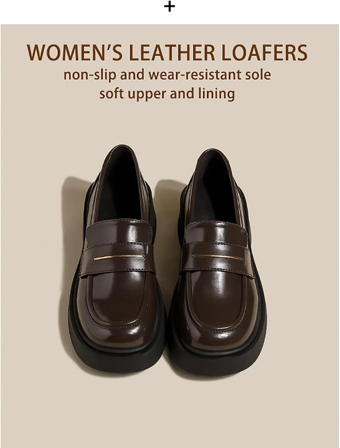 Women's Leather Platform Loafers - Chunky Heel Slip-On Shoes for Business & Casual, Round Toe Comfortable Work Dress Shoes with Cushioned Sole