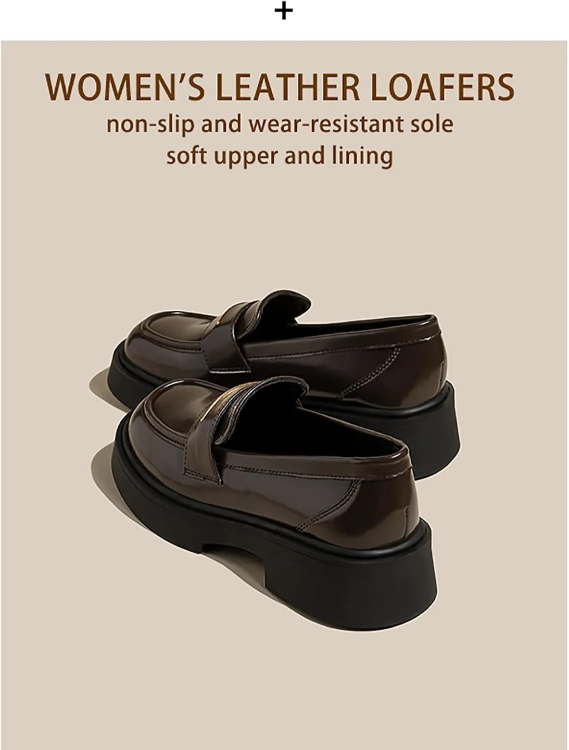 Women's Leather Platform Loafers - Chunky Heel Slip-On Shoes for Business & Casual, Round Toe Comfortable Work Dress Shoes with Cushioned Sole