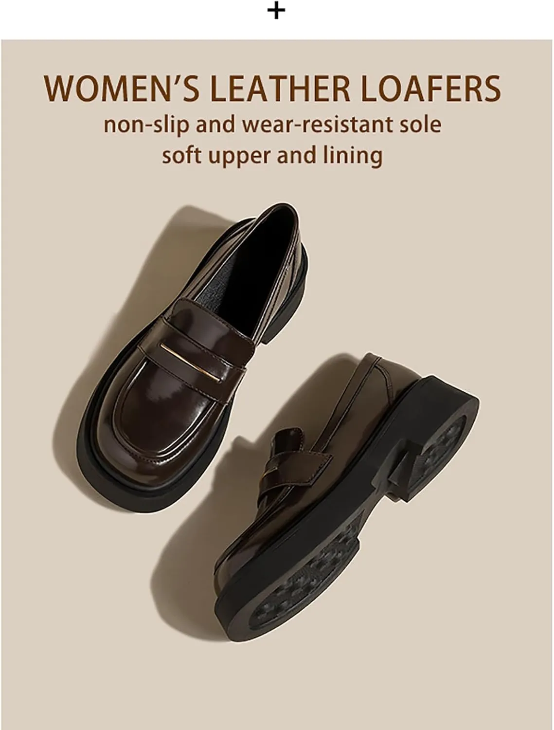 Women's Leather Platform Loafers - Chunky Heel Slip-On Shoes for Business & Casual, Round Toe Comfortable Work Dress Shoes with Cushioned Sole