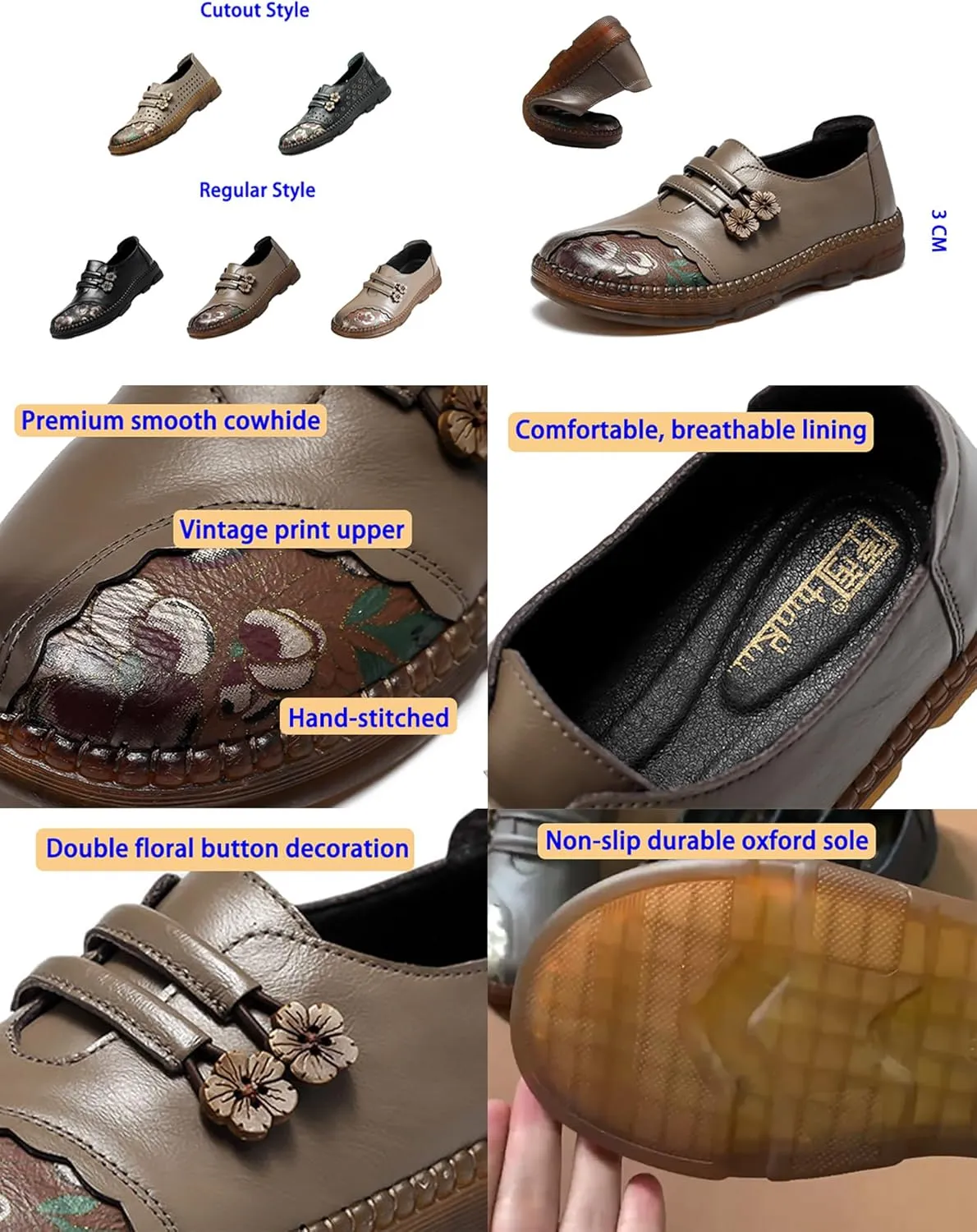 Women's Leather Slip On Casual Dress Shoes,Comfort Vintage Print Frog Button Non-Slip Softsole Oxford Penny Loafers