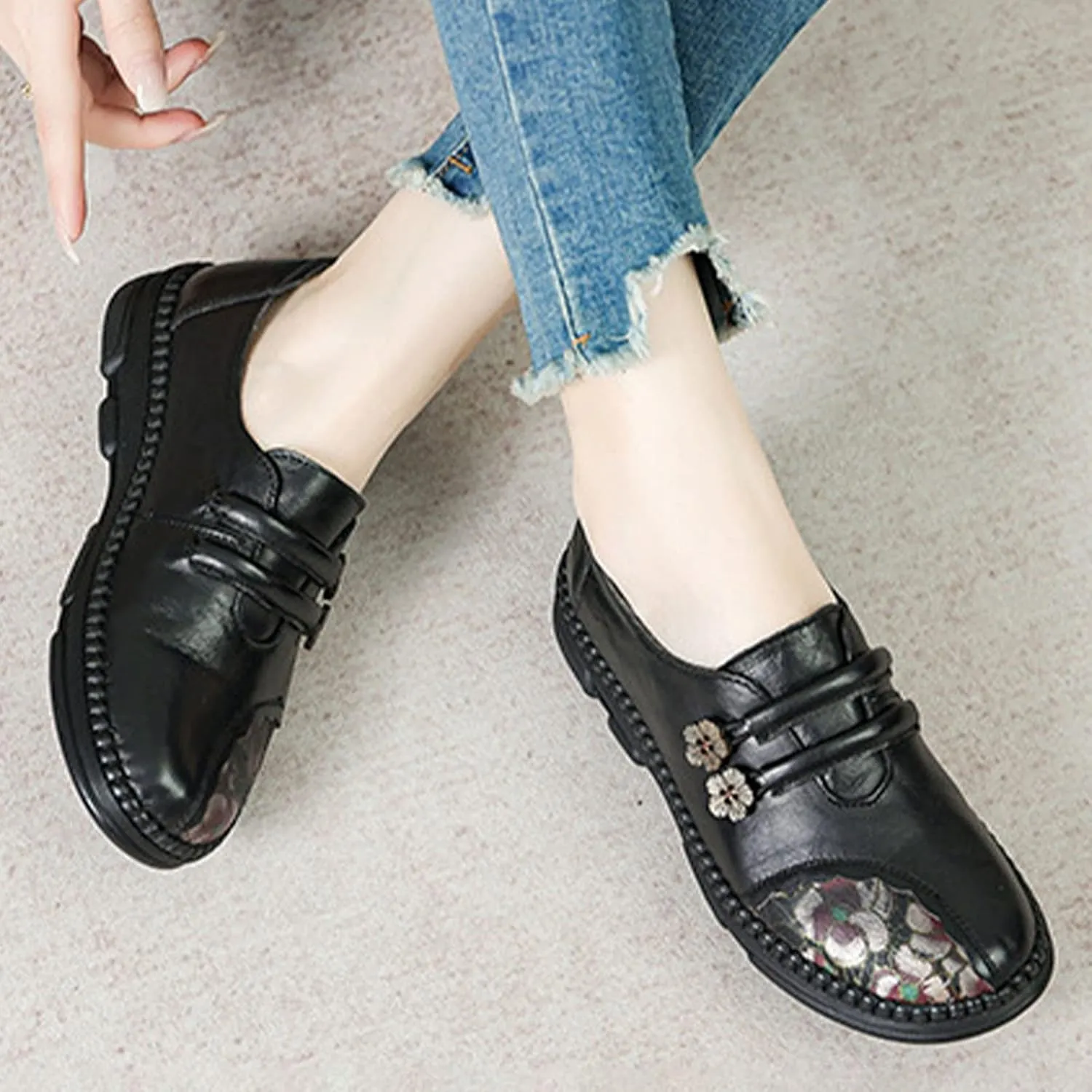 Women's Leather Slip On Casual Dress Shoes,Comfort Vintage Print Frog Button Non-Slip Softsole Oxford Penny Loafers