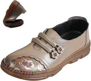 Women's Leather Slip On Casual Dress Shoes,Comfort Vintage Print Frog Button Non-Slip Softsole Oxford Penny Loafers