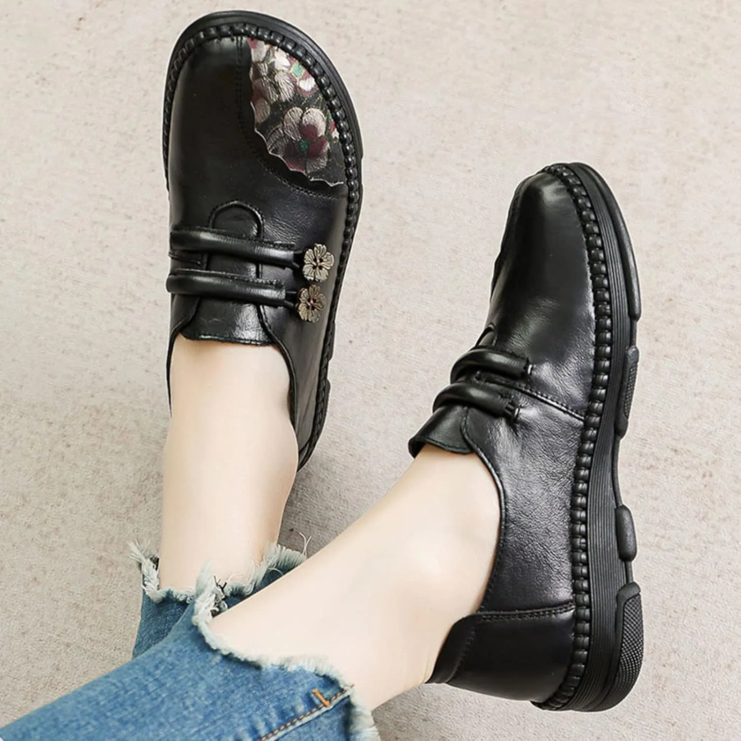 Women's Leather Slip On Casual Dress Shoes,Comfort Vintage Print Frog Button Non-Slip Softsole Oxford Penny Loafers