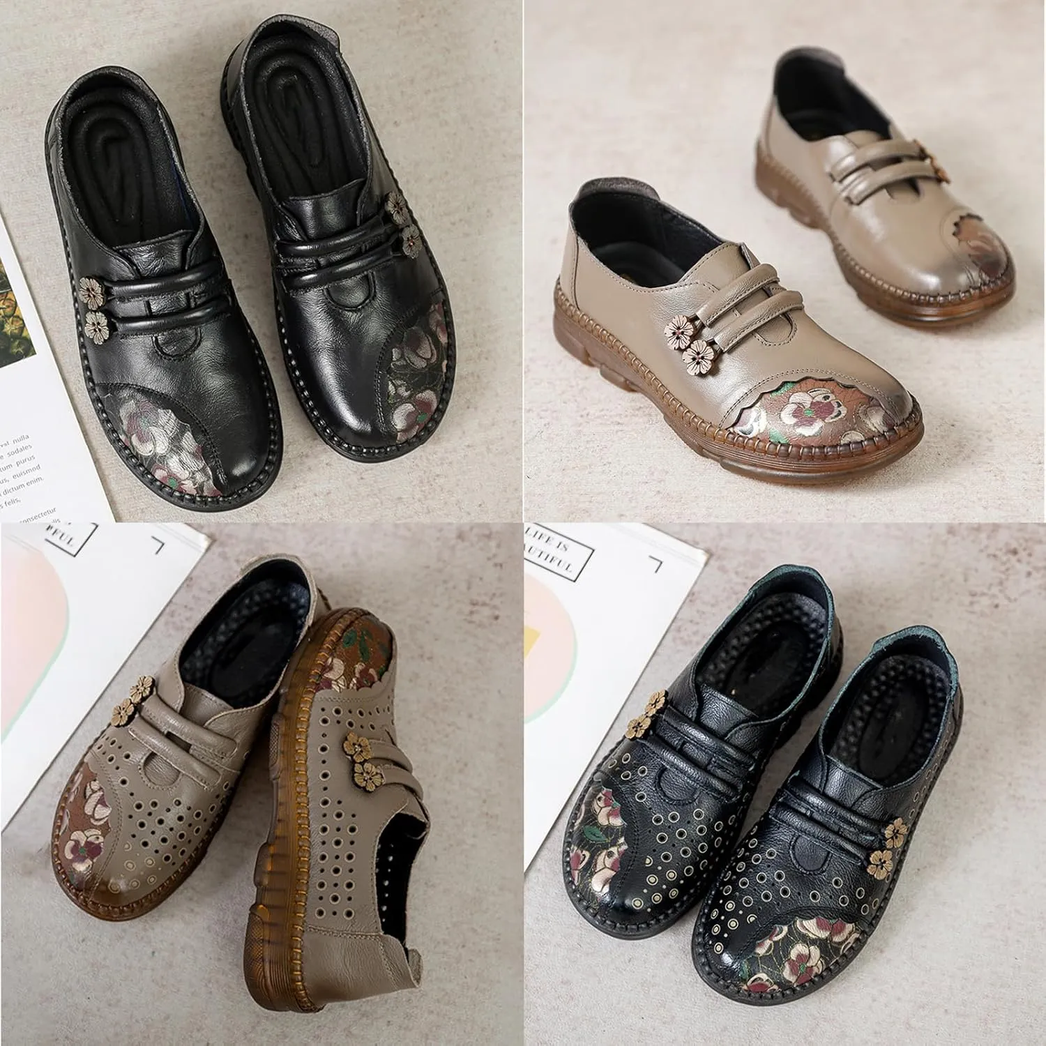 Women's Leather Slip On Casual Dress Shoes,Comfort Vintage Print Frog Button Non-Slip Softsole Oxford Penny Loafers