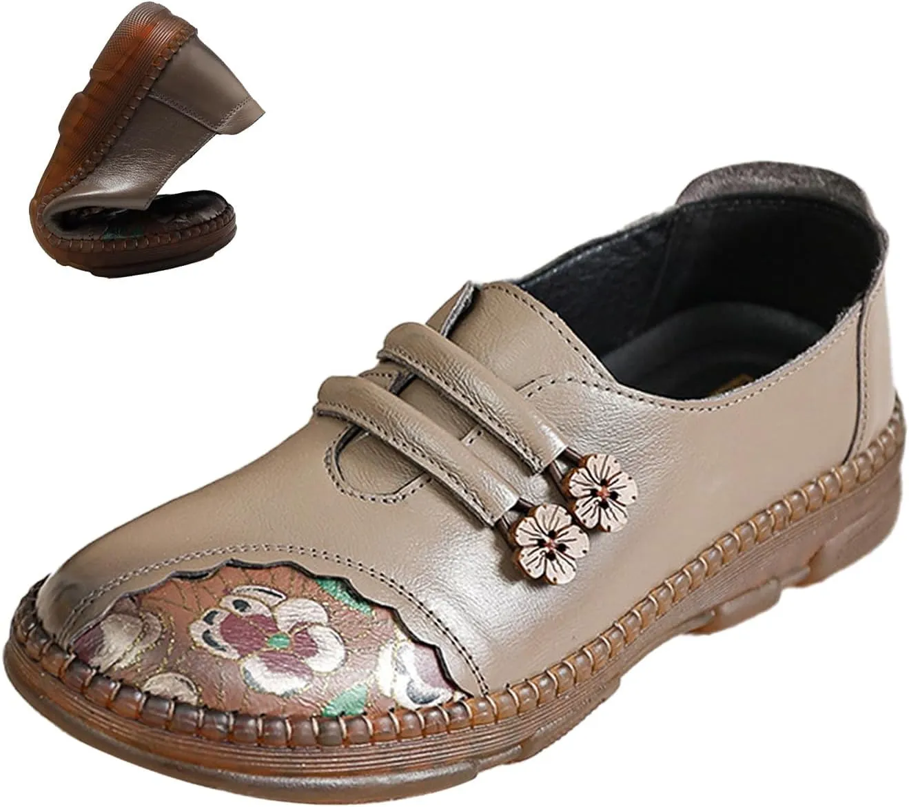 Women's Leather Slip On Casual Dress Shoes,Comfort Vintage Print Frog Button Non-Slip Softsole Oxford Penny Loafers