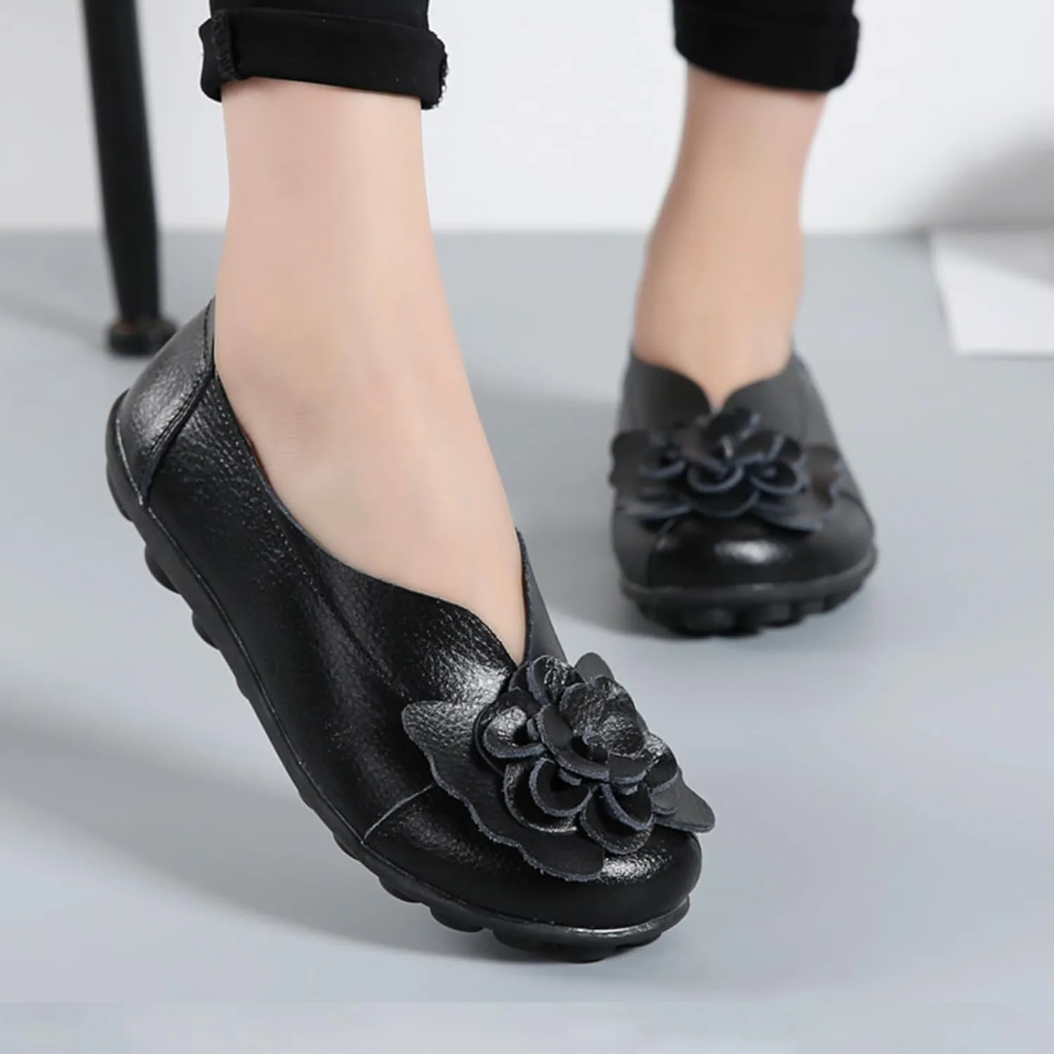 Women's Leather Slip On Loafers,Vintage Handmade Cute Bow Flower Comfy Non-Slip Softsole Walking Casual Dress Pumps