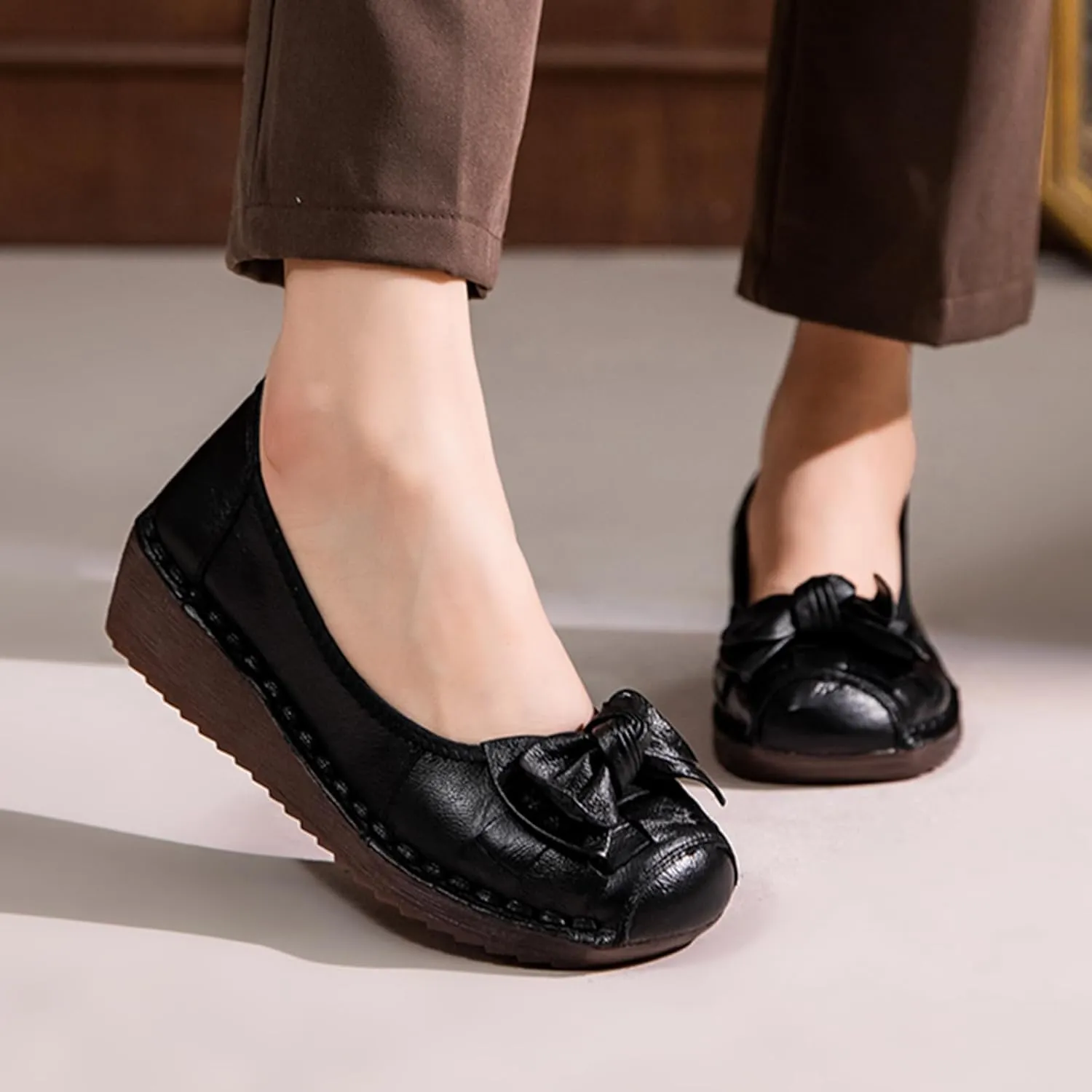 Women's Leather Slip On Wedge Dress Pumps,Vintage Comfort Closed Square Toe Cute Bow Non-Slip Ox Softsole Party Loafers