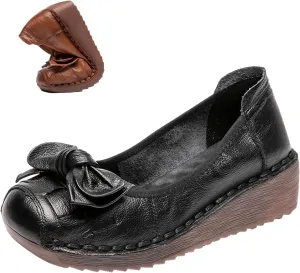 Women's Leather Slip On Wedge Dress Pumps,Vintage Comfort Closed Square Toe Cute Bow Non-Slip Ox Softsole Party Loafers