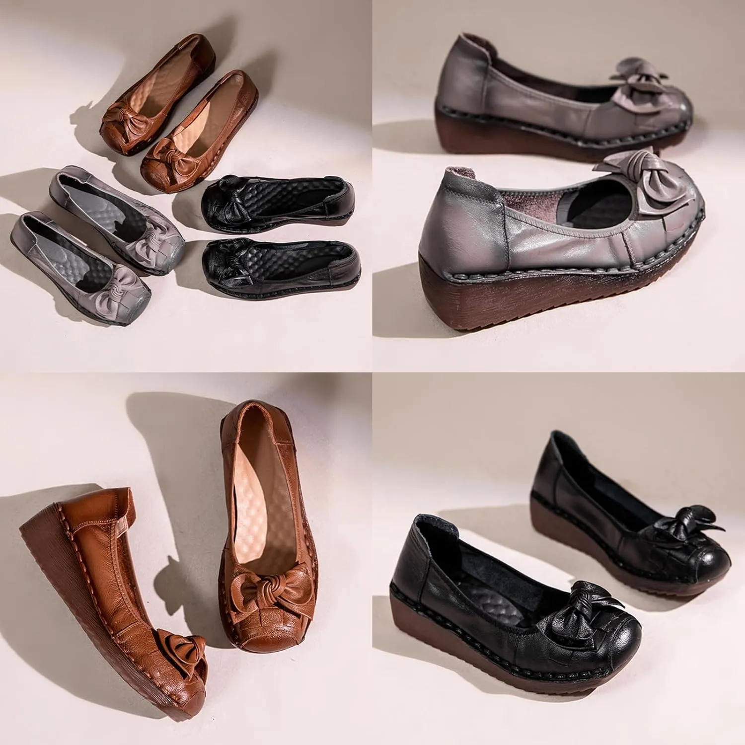 Women's Leather Slip On Wedge Dress Pumps,Vintage Comfort Closed Square Toe Cute Bow Non-Slip Ox Softsole Party Loafers
