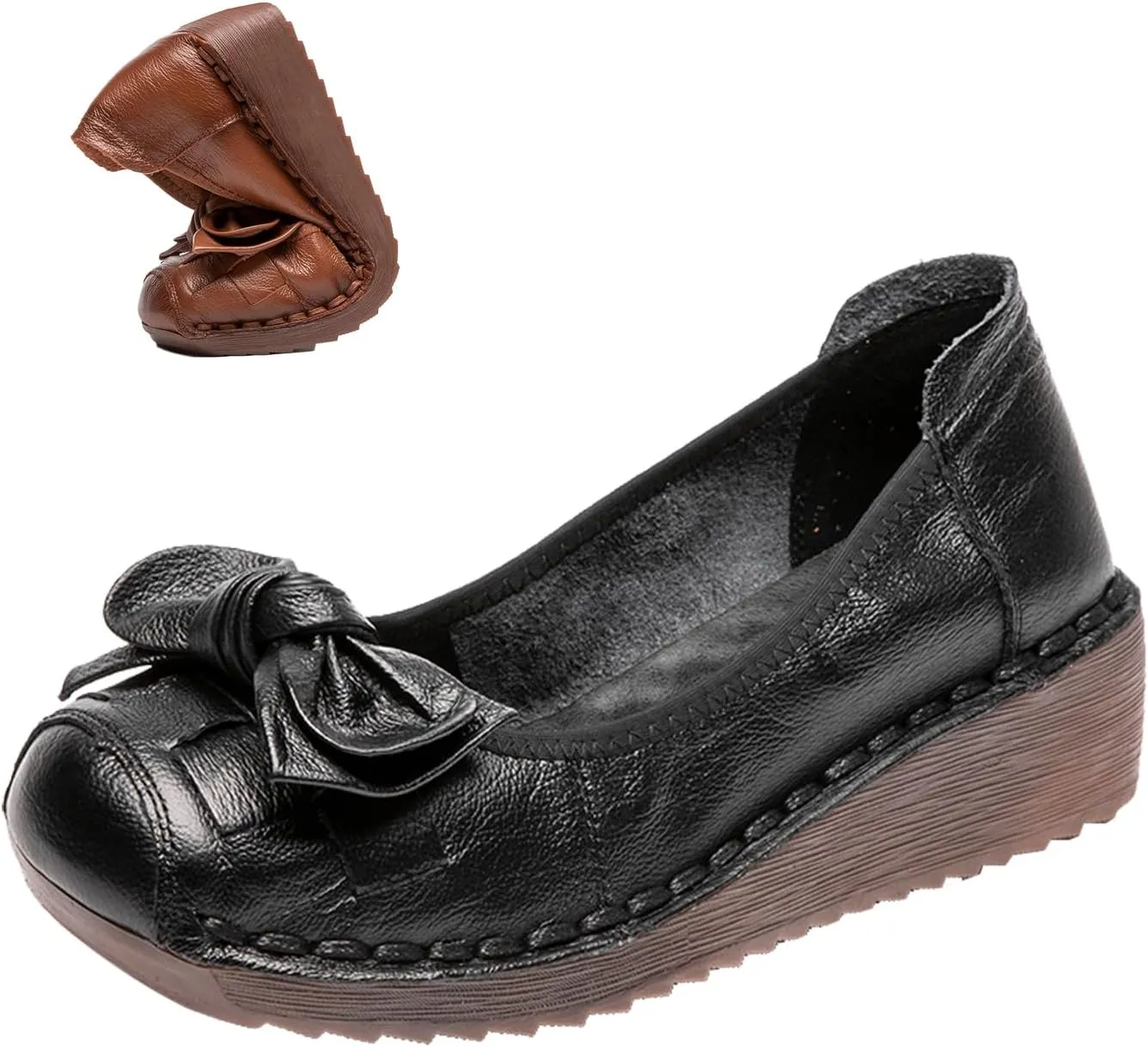 Women's Leather Slip On Wedge Dress Pumps,Vintage Comfort Closed Square Toe Cute Bow Non-Slip Ox Softsole Party Loafers