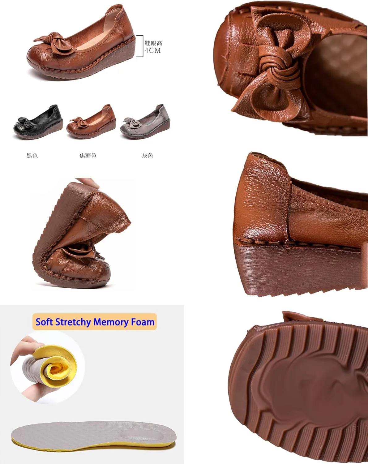 Women's Leather Slip On Wedge Dress Pumps,Vintage Comfort Closed Square Toe Cute Bow Non-Slip Ox Softsole Party Loafers