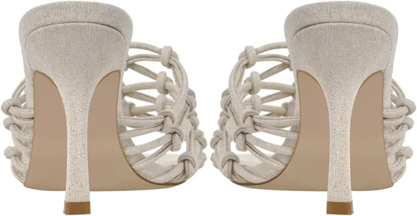 Women's Linen Weave Sandals - Square Toe High Heel Mules