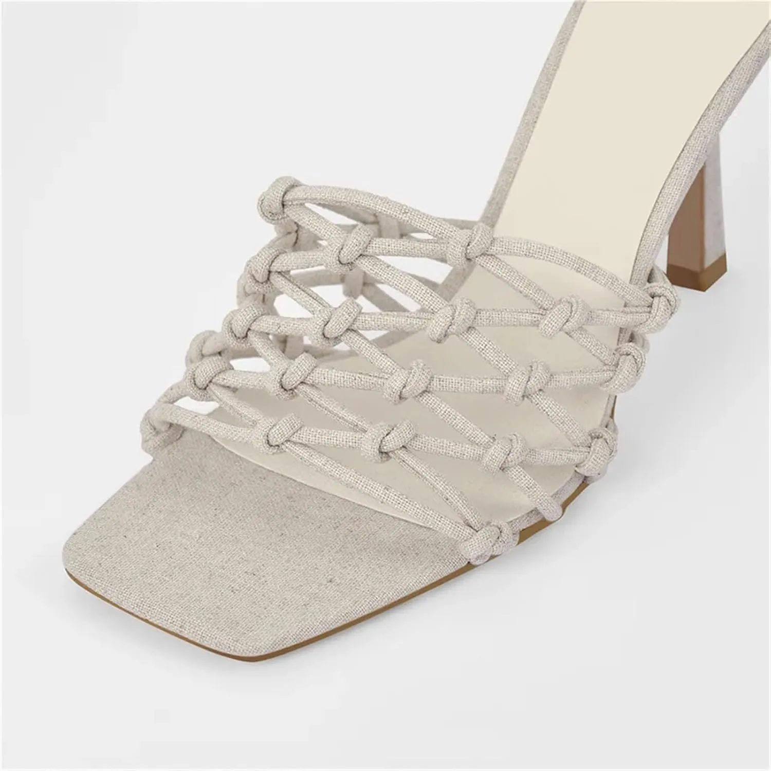 Women's Linen Weave Sandals - Square Toe High Heel Mules