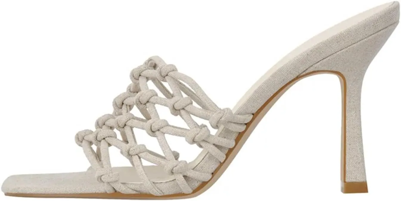 Women's Linen Weave Sandals - Square Toe High Heel Mules