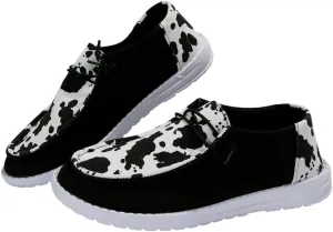 Women's Milky Cow Print Slip-On Loafers - Lightweight Comfortable Casual Shoes with Elastic Laces, Foam Outsole, Orthotic Walking Shoes for Daily Wear, US 6-10