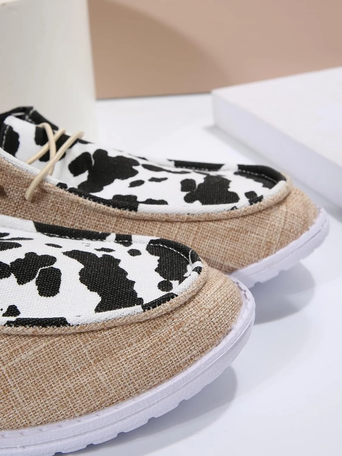 Women's Milky Cow Print Slip-On Loafers - Lightweight Comfortable Casual Shoes with Elastic Laces, Foam Outsole, Orthotic Walking Shoes for Daily Wear, US 6-10
