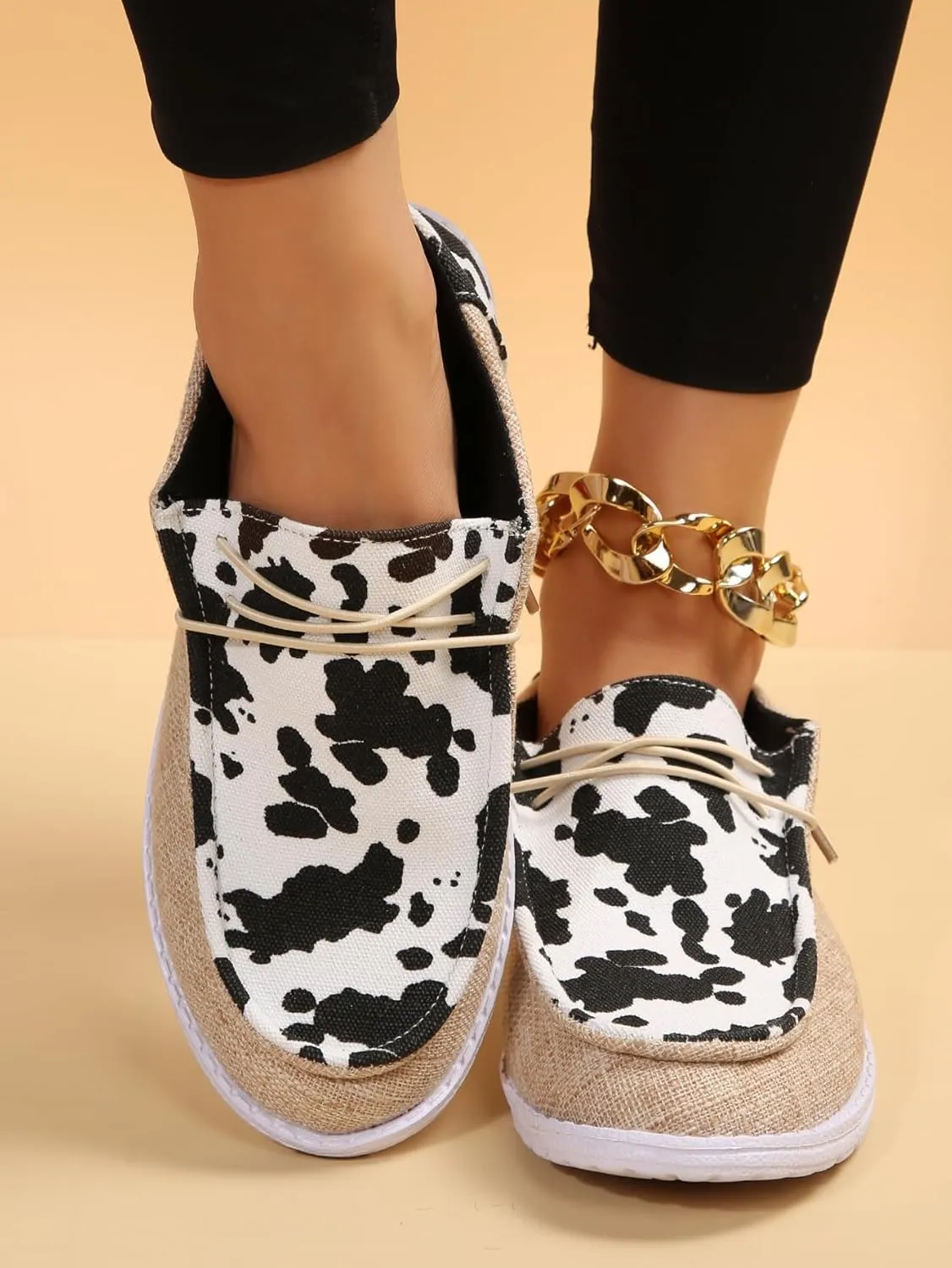 Women's Milky Cow Print Slip-On Loafers - Lightweight Comfortable Casual Shoes with Elastic Laces, Foam Outsole, Orthotic Walking Shoes for Daily Wear, US 6-10