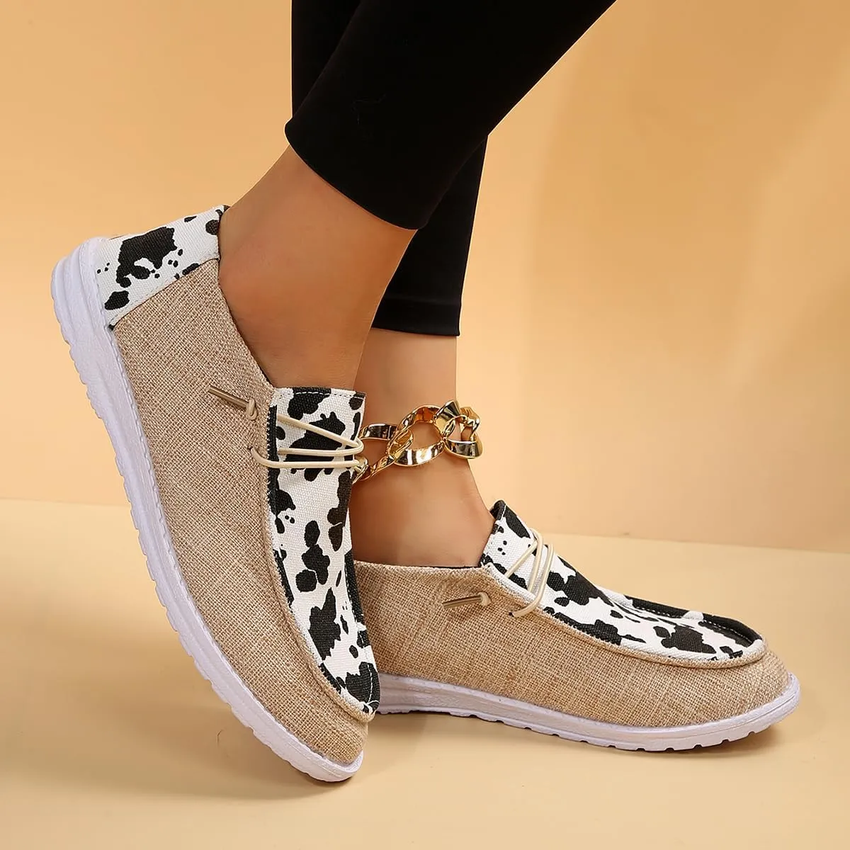 Women's Milky Cow Print Slip-On Loafers - Lightweight Comfortable Casual Shoes with Elastic Laces, Foam Outsole, Orthotic Walking Shoes for Daily Wear, US 6-10